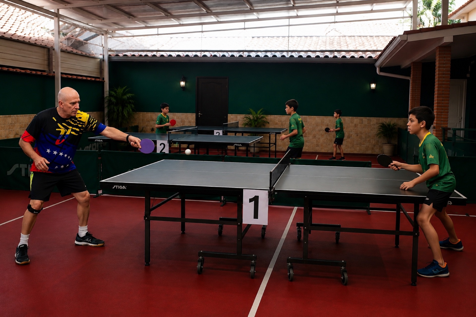 Coach Enrique Damasio in a table tennis rally at the academy